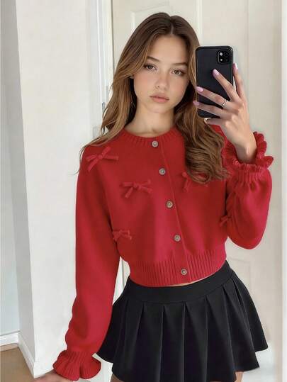 Sparklyn Suéter/Cardigan de punto vintage con adorno de lazo dulce estilo Y2K para niña preadolescente, versátil y casual para volver al colegio, invierno, otoño, Navidad, disfraces, fiesta de Halloween/Navidad, vacaciones de otoño e invierno