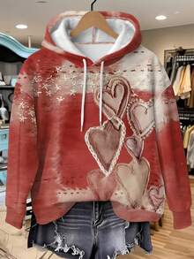 Glissea Romantischer Meersalz-Herz-Muster, Vintage-Rot mit dreidimensionalem Alterungseffekt Kapuzen-Damen-Sweatshirt, geeignet für Herbst und Winter, Modisches Sweatshirt, Schönes Sweatshirt, Geschwister-Geschenk, Schwester-Geschenk, Lustiges Sweatshirt, Lässiges, einfaches Mode-Sweatshirt - Rot - Übersicht 3