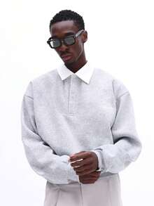 SUMWON 长袖浅灰色针织 Polo 衫，胸前白色 Logo，常规版型，翻领设计，适合秋冬季休闲穿着，纯色款 - 灰色 - 查看 5