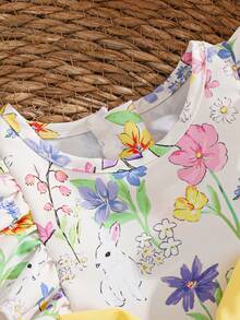 SHEIN Baby Girl Infant Toddler 0-3 Years Old Casual Elegant Vacation Cute Animal & Plant Print Flare Sleeve Loose A-Line Dress, Suitable For Party, Daily Wear Or Vacation - Multicolor - View 4