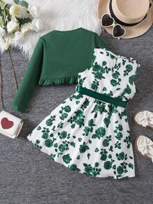 SHEIN Set de 2 piezas: Vestido con estampado de porcelana floral azul y cárdigan con ribete de volantes para niñas jóvenes - Verde Oscuro - Ver 2