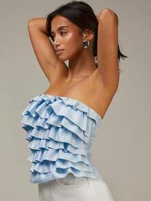 Athîral 女士休闲浅蓝色时尚多层荷叶边无肩带上衣，蓝色无肩带上衣，梭织面料，修身剪裁，夏季上衣，适合海滩、休闲场合，蓝色抹胸上衣，荷叶边上衣，浅蓝色女士上衣，荷叶边抹胸上衣，无肩带荷叶边上衣，春夏 - 藍色 - 查看 6