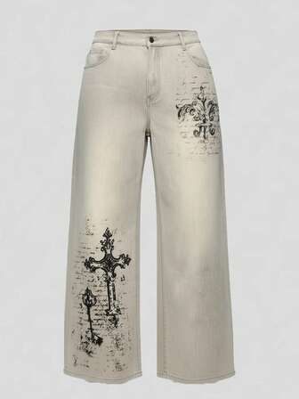 Grunge Punk Plus Size Vintage Washed Cross Print Wide Leg Jeans