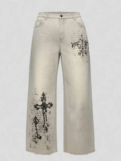Grunge Punk Vintage gewaschene Jeans mit Kreuz-Muster in Große Größen mit weitem Bein