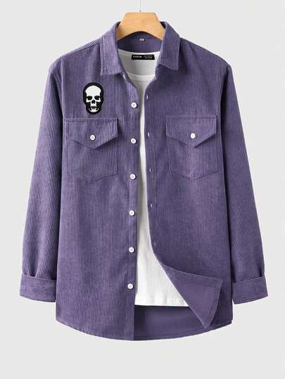 Goth Camisa de manga larga con patrón de calavera, de estilo casual y con botones delanteros de pana