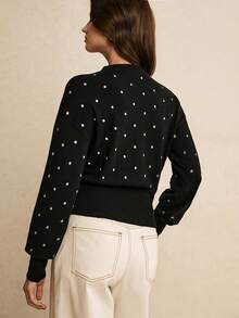 Poéselle 女士蝙蝠袖长袖纽扣前开襟波点休闲针织上衣 - 黑色 - 查看 2