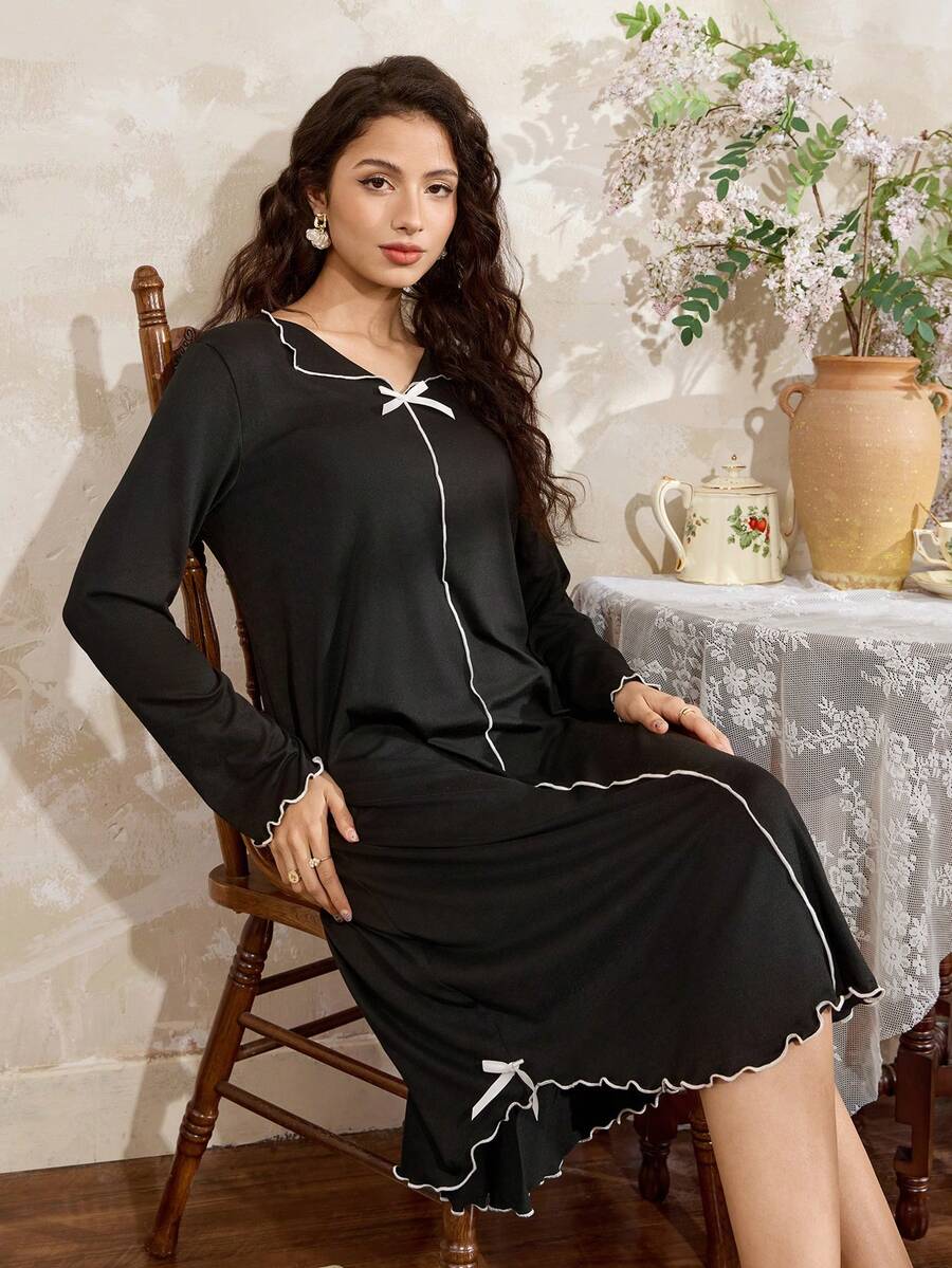 Côtesoire Women's Black V-Neck Ruffled Trim Bow Tie Soft Milk Silk Long Sleeve Maxi Dress, Minimalist Casual Loungewear & Sleepwear