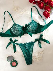 2pcs/Set Lace Underwire Bra & Panty Lingerie Set For Women - Dark Green - View 1