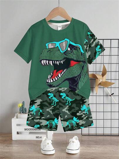 SHEIN 2 件套儿童男童休闲简约圆领短袖上衣和短裤套装，夏季