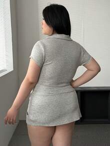 Flirla Solid Color Casual Comfortable Sports Shorts Set Polo Dress - Grey - View 2