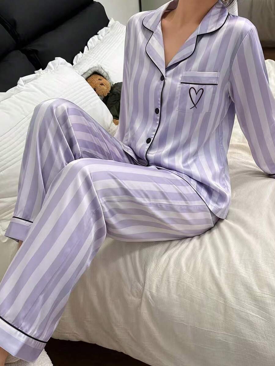 女童条纹爱心刺绣开衫长裤家居服套装（2件套），优雅简约，面料舒适，是理想的新年礼物。 - 彩色 - 查看 1