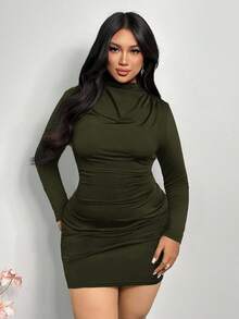 Firerie Plus Size Elegant Olive Green Autumn Long Sleeve Mini Dress, Night Out Club Ruched Turtle Neck Bodycon Dress,Curve Fitted Valentine's Day Outfit - Army Green - View 11