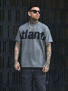 Devon Thys T-shirt da uomo con grafica a lettere, spalle scoperte, stile emo, autunnale - Grigio Scuro - Visualizzare 6