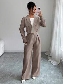 Elenzga 优雅休闲时尚办公通勤返校两件套，方领西装外套搭配宽松直筒裤，秋冬款 - 摩卡棕 - 查看 3
