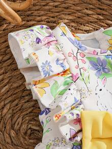 SHEIN Baby Girl Infant Toddler 0-3 Years Old Casual Elegant Vacation Cute Animal & Plant Print Flare Sleeve Loose A-Line Dress, Suitable For Party, Daily Wear Or Vacation - Multicolor - View 3