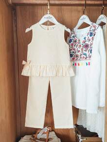 Vintaside Kids Set de 2 piezas de top corto sin mangas de unicolor apricot y pantalones ajustados a juego, adecuado para salidas, uso casual, deportes, fitness y fiestas divertidas para niñas jóvenes - Albaricoque - Ver 8