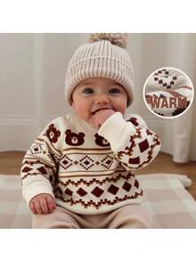 Loomiva Baby Boy Cartoon Bear Retro Pattern Knitted Soft Crew Neck Long Sleeve Sweater,In Fall/Winter - Multicolor - View 1