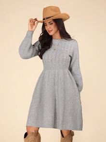 Coeurva Women's Casual Loose Fit Raglan Sleeve Pullover Knitted Dress With A-Line Hem, Suitable For Holidays In Autumn & Winter Fall Women Clothes Dress - Grey - View 5