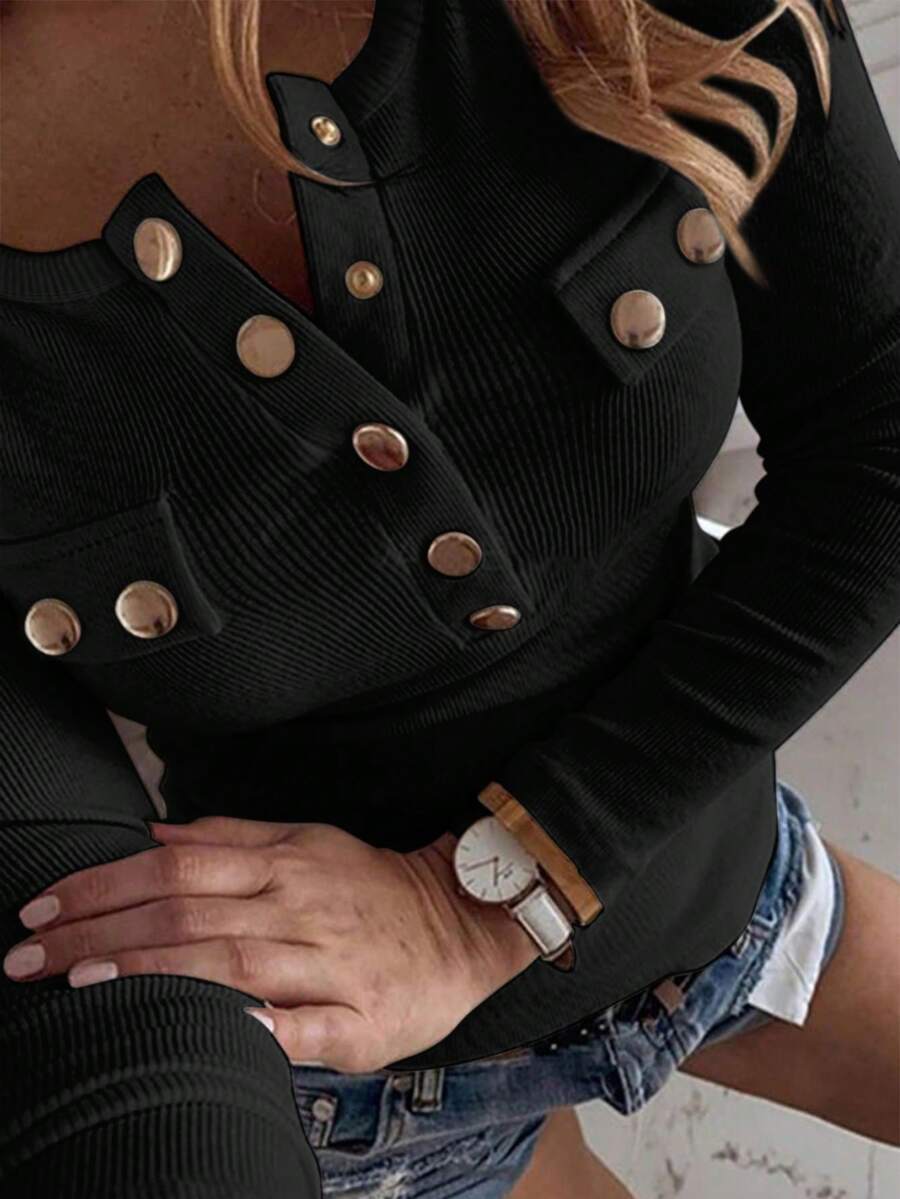 INAWLY Slim Fit Casual Square Neck Half Open Collar Metal Button Decor Long Sleeve T-Shirt Fall Cloth For Women - Black - View 1