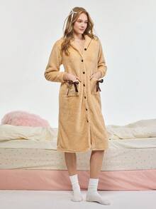 Bonmuse 女款秋冬法蘭絨毛絨睡袍，保暖珊瑚絨寬鬆舒適家居服，適合室內外穿著，舒適夏日穿搭 - 杏色 - 查看 4