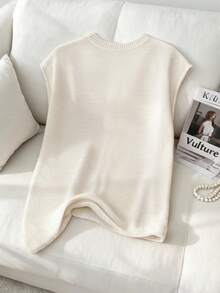 Franclia Women's Plain Round Neck Sweater Vest - White - View 2