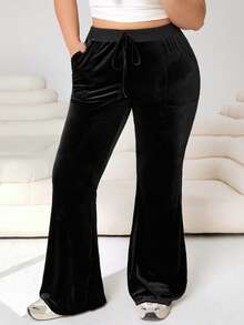 Solflare Plus Size Casual Simple Velvet Black Flared Warm Pants Thermal - Black - View 1