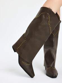 ROMWE Grunge Punk Botas de mujer de estilo francés retro con remaches de tubo alto, botas versátiles de vaquero occidental de altura corta y larga, botas de vaquero para mujeres - Caqui - Ver 5