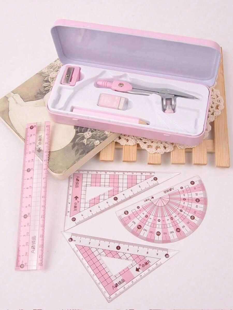 3件套几何数学绘图工具，包含4件：尺子、圆规、铅笔、橡皮、卷笔刀，是学校、学生、圣诞节礼物和返校季的理想文具套装。