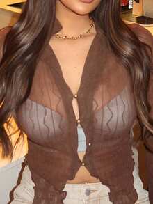 Ambs Edit 棕色针织纹理不对称下摆喇叭袖网纱上衣 - 摩卡棕 - 查看 6