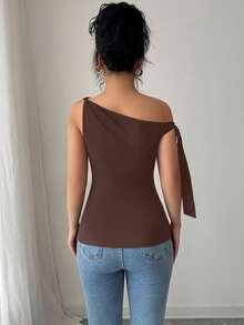 Elenzga Camiseta sin mangas de mujer con diseño de lazo fluido y hombros descubiertos, adecuada para el uso diario - Café integral - Ver 2