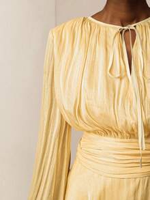 Vesra Apricot Color Tie-Up Long Sleeve Ruffle Hem Design Women's Short Dress - Yellow - View 7