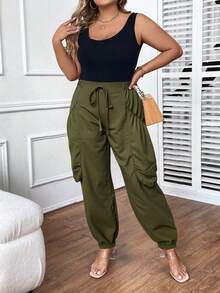 SHEIN LUNE CURVE Quần dài thoải mái, rộng rãi, màu trơn, thường ngày - màu xanh lá - Xem 6