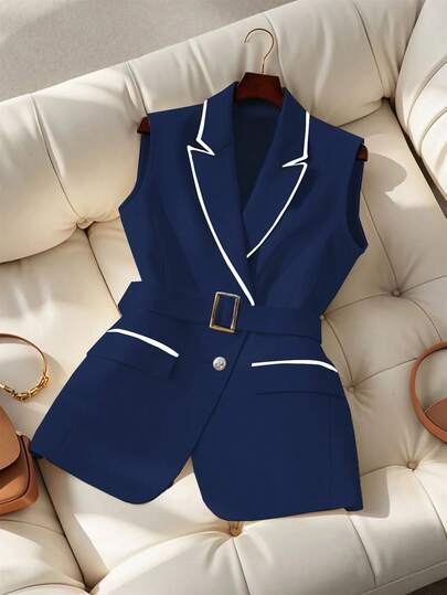 GlowEve Women's Contrast Color Minimalist Sleeveless Blazer, Everyday Wear