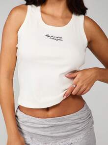 MISSGUIDED Ribbed Tank Top With My Therapist Hates You Text Print Casual Sleeveless Vest Summer Basic Tee - White - View 1