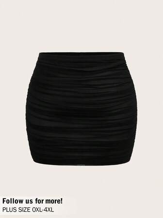 Auralis Plus Size Women Solid Color Elastic Waist Pleated Sexy Fashion Bodycon Mini Skirt