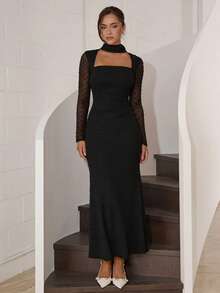 Modelyn 女士纯色方领薄纱长袖连衣裙 - 黑色 - 查看 3