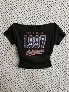 Attitoon Women's Casual Retro Style 1997 Numeral, Retro English Letter, Retro Numeral Placement Pattern, Waist Ruched Off Shoulder Tight Short Sleeve T-Shirt, Suitable For Summer - Black - View 4