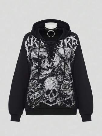 Große Größen Gothic Totenkopf Muster Loose Fit Langarm Sweatshirt