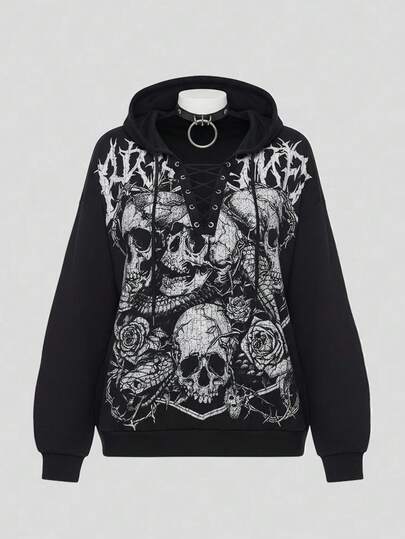 Plus Size Gothic Skull Print Loose Fit Long Sleeve Sweatshirt/Winter