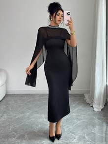 Elenzga 女士春秋新款雪纺披肩领连衣裙，饰以优雅珍珠。 - 黑色 - 查看 6