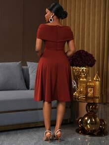 EMERY ROSE Brown A-Line Mid-Length Dress With Waist Cinching And Crystal Embellished Button Closure - Brown - View 2