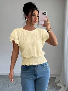 Elenzga 夏季休闲度假白色提花圆领T恤 - 淡黃色 - 查看 5