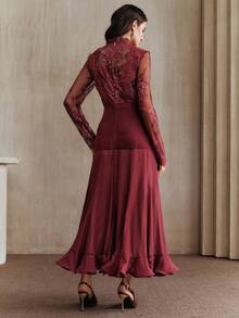 Váy dài tay ôm sát viền xếp nếp ren thêu họa tiết lãng mạn thanh lịch dành cho nữ Anewsta - Màu Đỏ Sâu - Xem 3