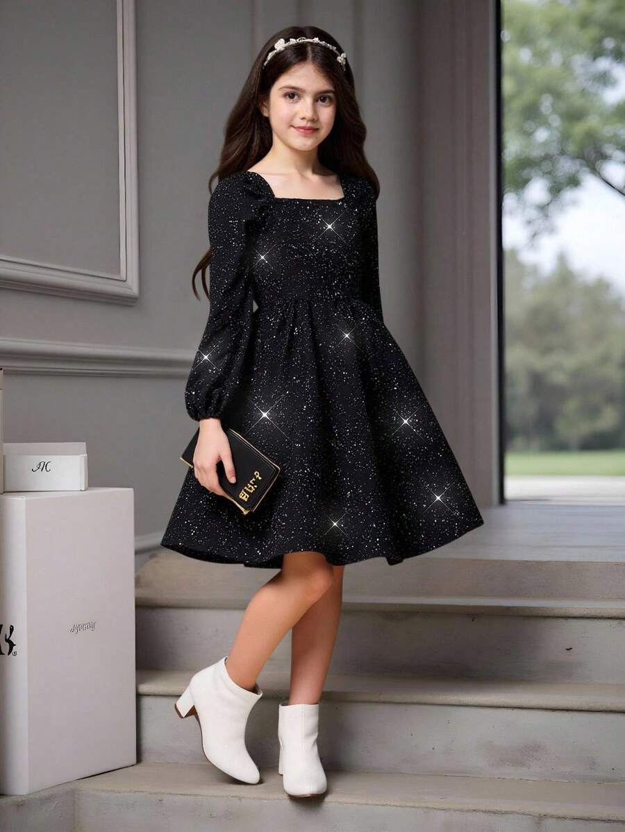 Elladie kids 少女仿亮片印花黑色长袖A字连衣裙,复古风,适合万圣节、休闲优雅场合、户外活动、上学、度假、派对、节日穿着。 - 黑色 - 查看 1