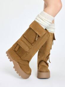 ROMWE Grunge Punk Bốt cổ ngắn hai túi kaki trang trí chữ U mới cho nữ, phù hợp với phong cách thời trang đường phố, bốt đế dày chống trượt, phong cách Punk phương Tây có khóa và khóa kéo bên hông, trang phục thường ngày - Màu Khaki - Xem 2