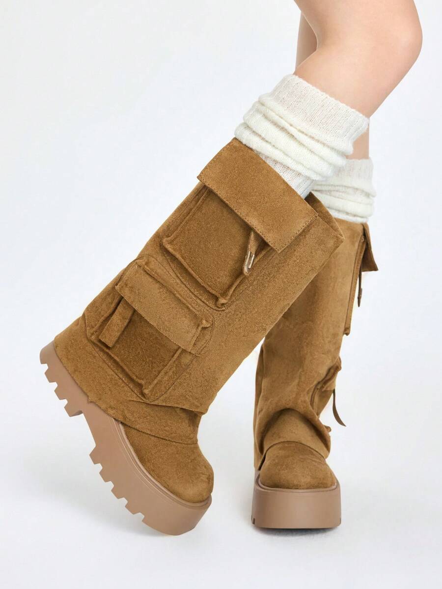 ROMWE Grunge Punk Bốt cổ ngắn hai túi kaki trang trí chữ U mới cho nữ, phù hợp với phong cách thời trang đường phố, bốt đế dày chống trượt, phong cách Punk phương Tây có khóa và khóa kéo bên hông, trang phục thường ngày