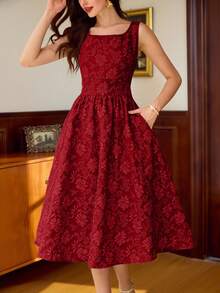 Vintamour Đầm nữ cổ điển màu trơn, cổ vuông, có túi, không tay, thanh lịch, thích hợp cho kỳ nghỉ hè, tiệc cưới, dự tiệc sinh nhật, trang phục sinh nhật thanh lịch, trang phục đi nghỉ mát, đầm thanh lịch cho nữ, quần áo mùa thu, đầm đi nghỉ mát, đầm đi nhà thờ, trang phục đi nhà thờ, trang phục lễ hội, trang phục phong cách cổ điển, trang phục dự tiệc brunch. - Đỏ - Xem 2