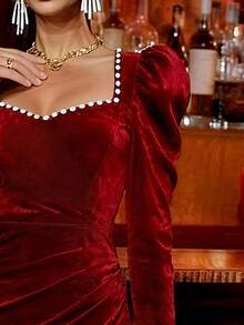 EMERY ROSE 心形领口珍珠收腰喇叭下摆冰丝绒中长连衣裙，秋季女装 - 酒紅色 - 查看 3