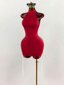 Amplova Váy ôm sát cơ thể gợi cảm hở lưng dây chéo bên hông dành cho nữ, phong cách thể thao và sang trọng - Đỏ - Xem 3