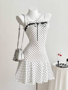 Comfortcana 女士波点荷叶边蝴蝶结设计优雅时尚休闲/约会吊带裙 - 白色 - 查看 6